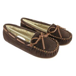 Fitzwell Moccasin Slippers Faux Suede Faux Fur Lined Brown Ivory Slip On Size 5